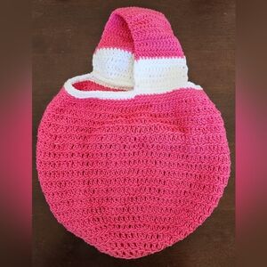 Small pink and white crochet market bag. Handmade, lightweight, and reusable!